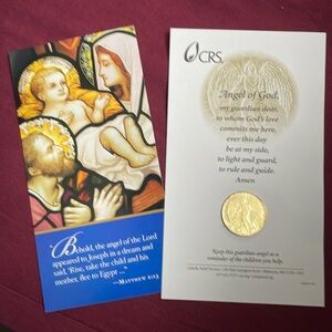 🍀 $12bundle Guardian Angel pocket coin with Nativity Prayer card/Book markers